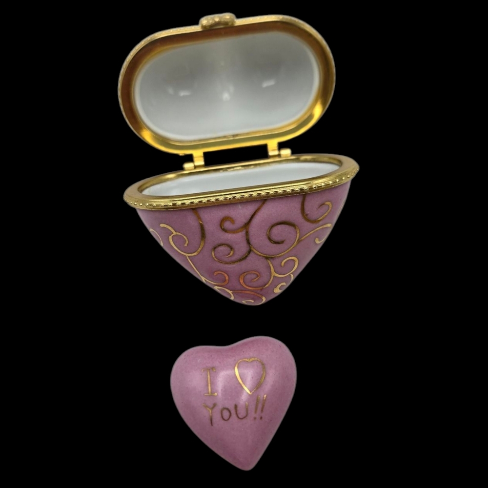 Vintage Pink Gold Heart Trinket Box Porcelain Hinged Box PHB with Heart Charm